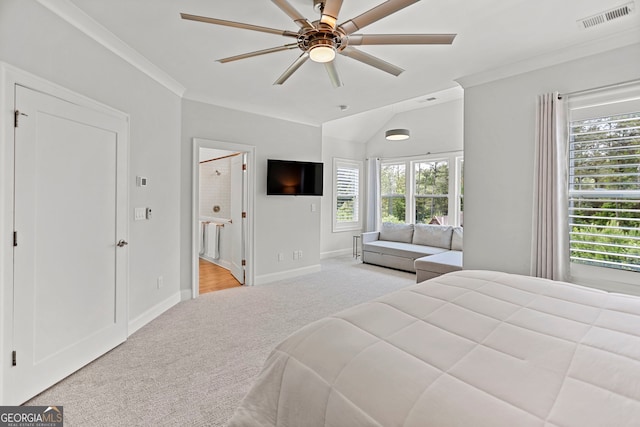 229 Widener Way, Peachtree City, GA 30269 - carpeted bedroom featuring multiple windows, baseboards, crown molding, connected bathroom, and lofted ceiling