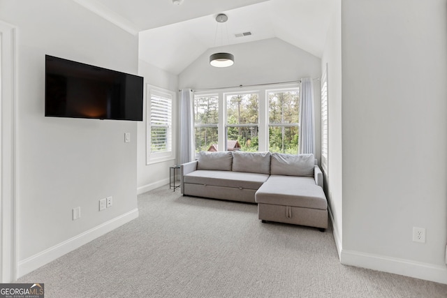 229 Widener Way, Peachtree City, GA 30269 - living room featuring carpet, baseboards, and lofted ceiling
