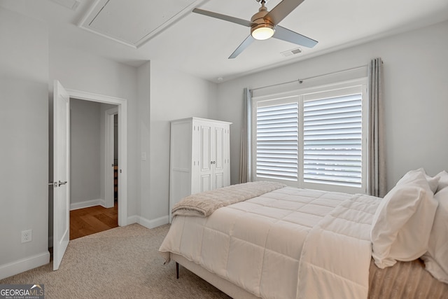 229 Widener Way, Peachtree City, GA 30269 - bedroom featuring attic access, carpet flooring, and a ceiling fan