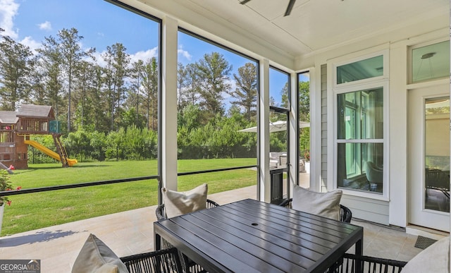 229 Widener Way, Peachtree City, GA 30269 - sunroom with outdoor dining area, ceiling fan, and plenty of natural light