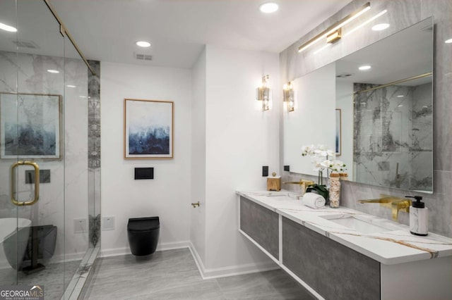 681 Fielding Ln SW, Atlanta, GA 30311 - bathroom featuring a marble finish shower, double vanity, and recessed lighting