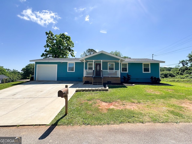 110 King St, Hogansville, GA 30230 - ranch-style house with a porch, a garage, driveway, a front yard, and crawl space