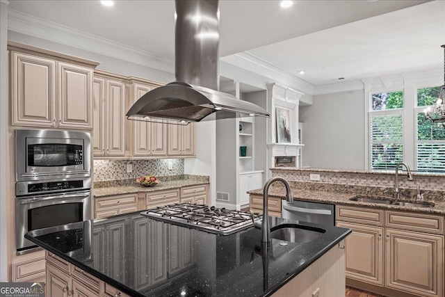 1323 Frey Lake Ct NW, Kennesaw, GA 30144 - kitchen with stainless steel appliances, island range hood, a sink, dark stone countertops, and cream cabinetry