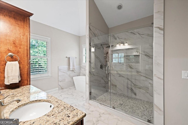 1323 Frey Lake Ct NW, Kennesaw, GA 30144 - full bathroom featuring marble tiled flooring, vanity, a marble finish shower, a soaking tub, and vaulted ceiling