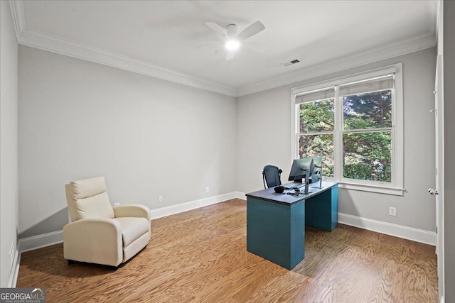 1323 Frey Lake Ct NW, Kennesaw, GA 30144 - office with crown molding, ceiling fan, baseboards, and wood finished floors