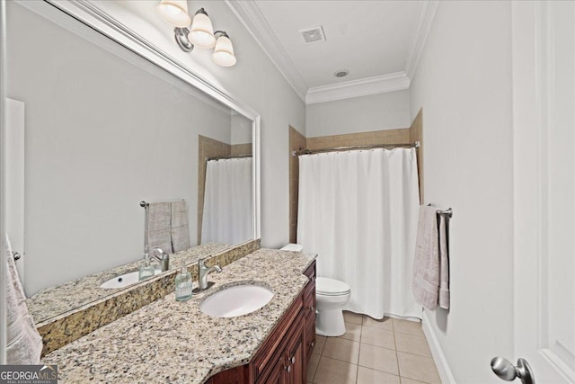 1323 Frey Lake Ct NW, Kennesaw, GA 30144 - full bathroom with vanity, toilet, tile patterned flooring, ornamental molding, and curtained shower