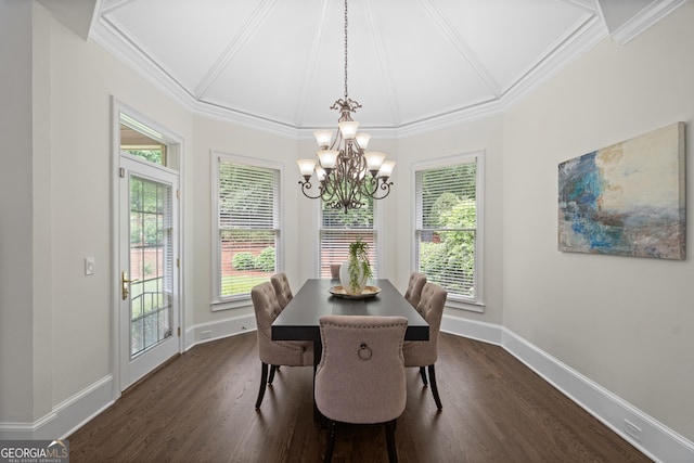 10630 N Edgewater Pl, Johns Creek, GA 30097 - dining area featuring dark wood-style flooring, a chandelier, plenty of natural light, and ornamental molding