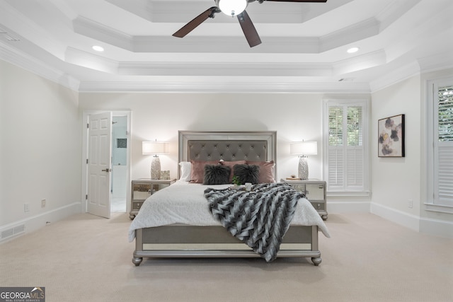 10630 N Edgewater Pl, Johns Creek, GA 30097 - carpeted bedroom featuring crown molding, a raised ceiling, recessed lighting, baseboards, and a ceiling fan