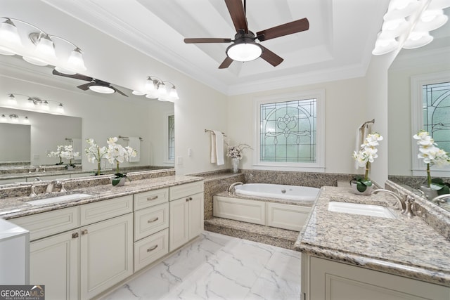 10630 N Edgewater Pl, Johns Creek, GA 30097 - full bath with a raised ceiling, vanity, a bath, a ceiling fan, and ornamental molding