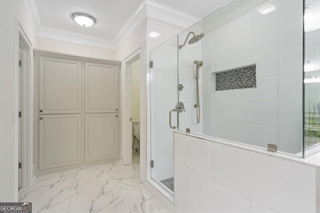 10630 N Edgewater Pl, Johns Creek, GA 30097 - full bath featuring a shower stall, crown molding, marble finish floors, and toilet
