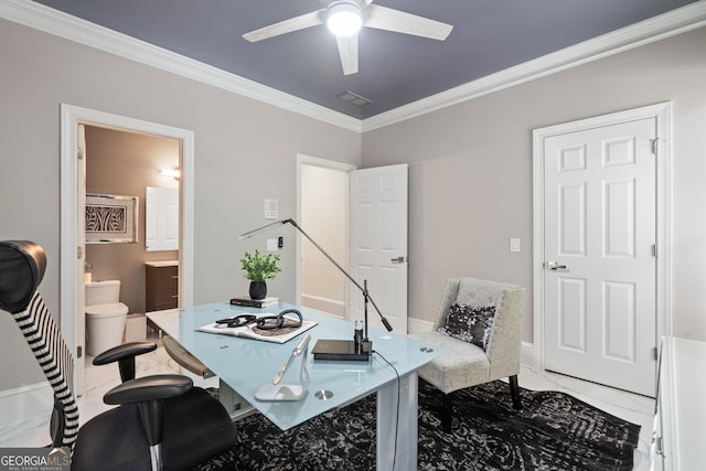 10630 N Edgewater Pl, Johns Creek, GA 30097 - office space featuring crown molding, ceiling fan, light marble finish flooring, and baseboards