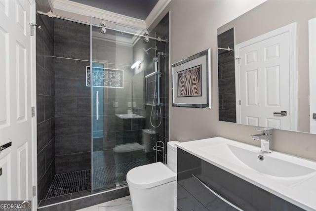 10630 N Edgewater Pl, Johns Creek, GA 30097 - bathroom featuring vanity, a stall shower, toilet, and crown molding