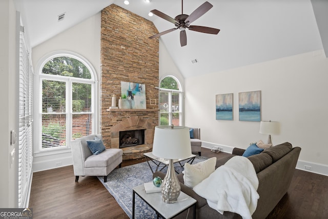 10630 N Edgewater Pl, Johns Creek, GA 30097 - living area featuring high vaulted ceiling, baseboards, a ceiling fan, dark wood finished floors, and a fireplace