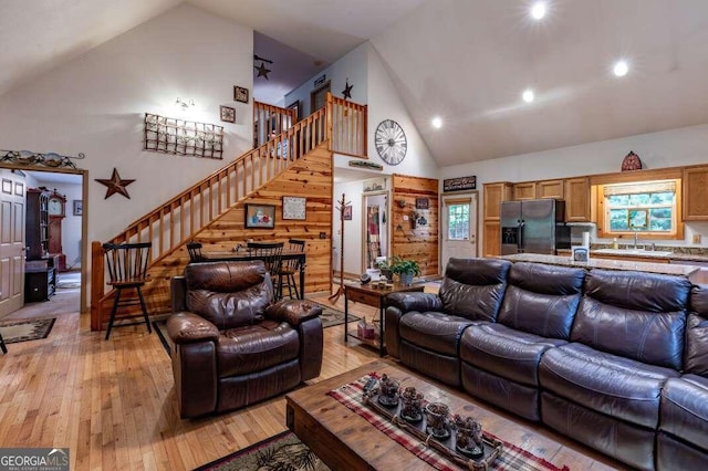 284 Summit Way Unit 19, Blairsville, GA 30512 - living area featuring stairs, high vaulted ceiling, light wood-type flooring, and recessed lighting