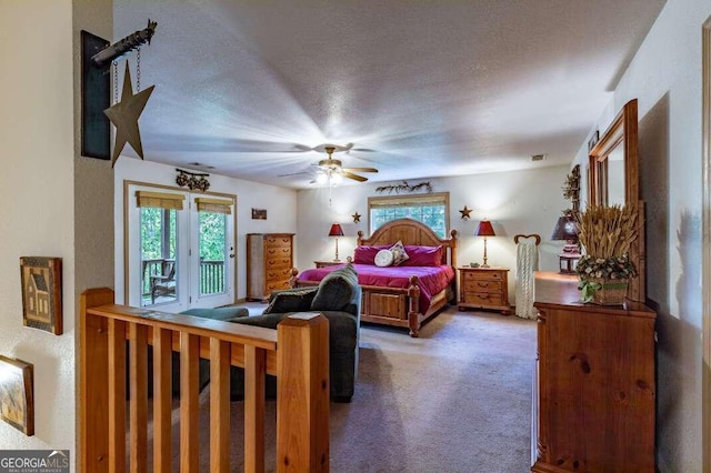 284 Summit Way Unit 19, Blairsville, GA 30512 - bedroom with access to exterior, a textured ceiling, carpet, and a ceiling fan