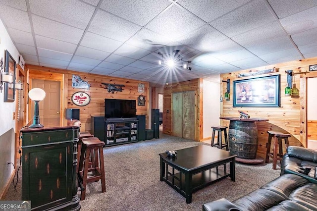 284 Summit Way Unit 19, Blairsville, GA 30512 - carpeted living room featuring wood walls and a drop ceiling