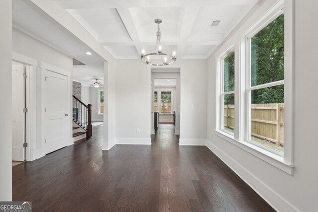 1158 Welch St SW, Atlanta, GA 30310 - unfurnished dining area featuring dark wood-style flooring, stairway, a chandelier, coffered ceiling, and beam ceiling