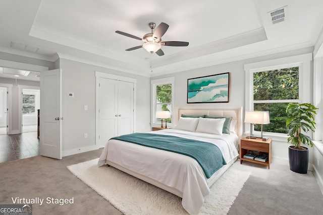1158 Welch St SW, Atlanta, GA 30310 - carpeted bedroom featuring a raised ceiling, crown molding, attic access, a closet, and a ceiling fan