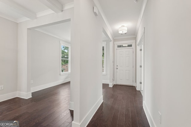 1158 Welch St SW, Atlanta, GA 30310 - hallway featuring dark wood-type flooring, ornamental molding, and beam ceiling