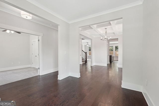 1158 Welch St SW, Atlanta, GA 30310 - empty room with ceiling fan, a chandelier, stairs, coffered ceiling, and dark wood finished floors