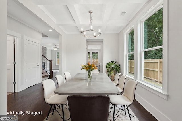 1158 Welch St SW, Atlanta, GA 30310 - dining space featuring stairway, dark wood-style floors, a chandelier, coffered ceiling, and beamed ceiling