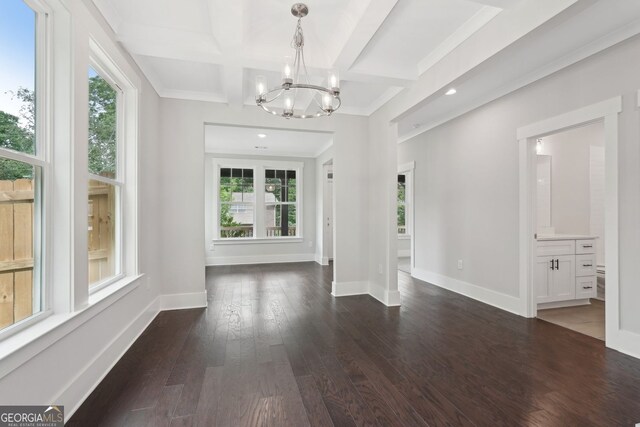 1158 Welch St SW, Atlanta, GA 30310 - unfurnished dining area with healthy amount of natural light, a chandelier, dark wood-style floors, recessed lighting, and coffered ceiling