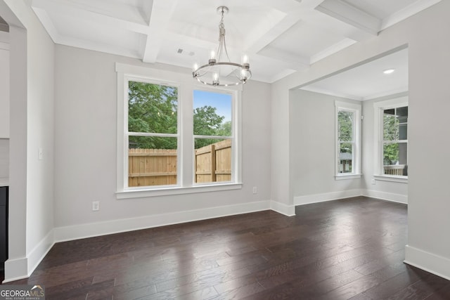 1158 Welch St SW, Atlanta, GA 30310 - unfurnished dining area with a chandelier, coffered ceiling, dark wood-style floors, beam ceiling, and recessed lighting