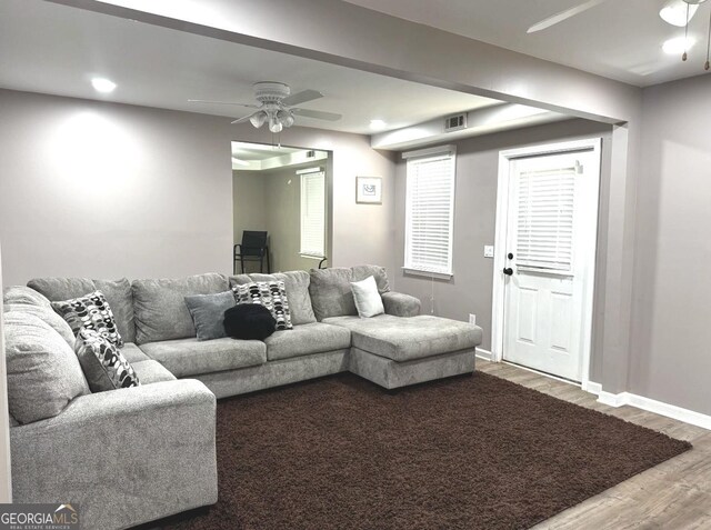 2674 Misty Rock Cv, Dacula, GA 30019 - living area featuring ceiling fan, wood finished floors, baseboards, and recessed lighting