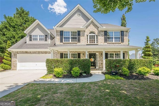2304 Mitford Ct, Dacula, GA 30019 - traditional-style house featuring driveway, brick siding, a front lawn, a garage, and a porch