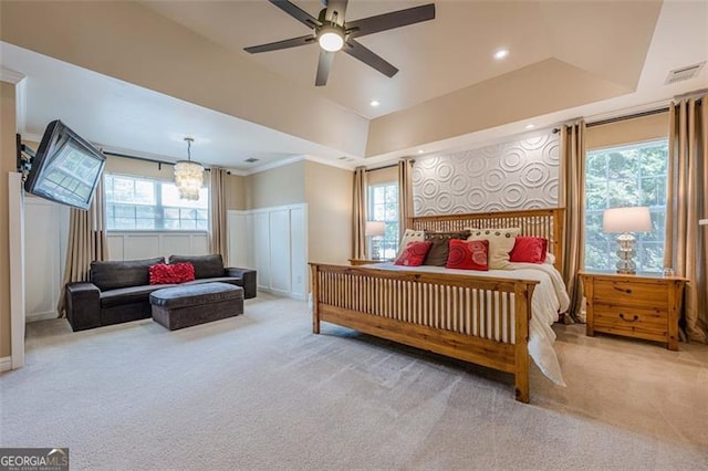 2304 Mitford Ct, Dacula, GA 30019 - bedroom featuring carpet flooring, a chandelier, recessed lighting, a raised ceiling, and ceiling fan