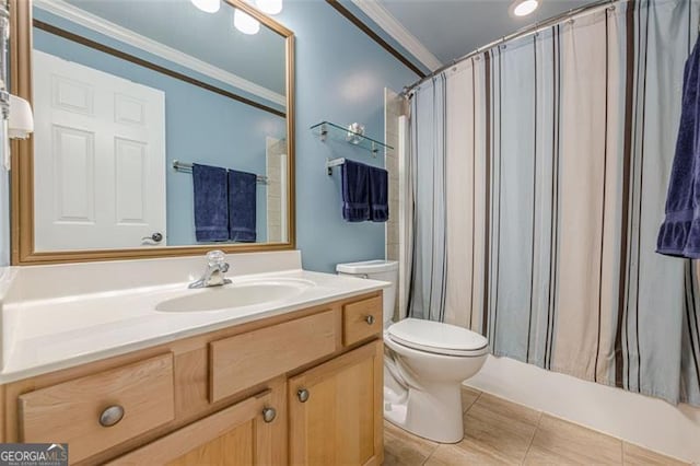2304 Mitford Ct, Dacula, GA 30019 - full bathroom featuring ornamental molding, toilet, vanity, tile patterned floors, and a shower with shower curtain