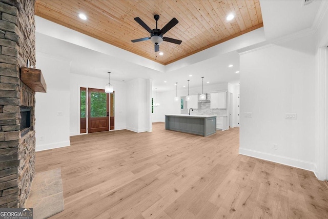 225 Laurel Place Dr, Cornelia, GA 30531 - unfurnished living room featuring wood ceiling, a raised ceiling, baseboards, a stone fireplace, and ceiling fan