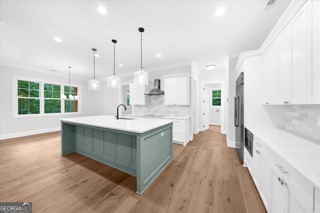 225 Laurel Place Dr, Cornelia, GA 30531 - kitchen featuring wall chimney exhaust hood, black electric stovetop, decorative backsplash, baseboards, and ornamental molding