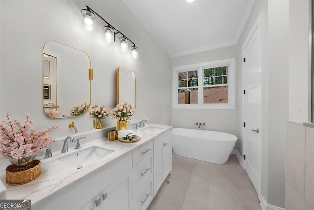 225 Laurel Place Dr, Cornelia, GA 30531 - bathroom with a freestanding bath, double vanity, ornamental molding, and baseboards