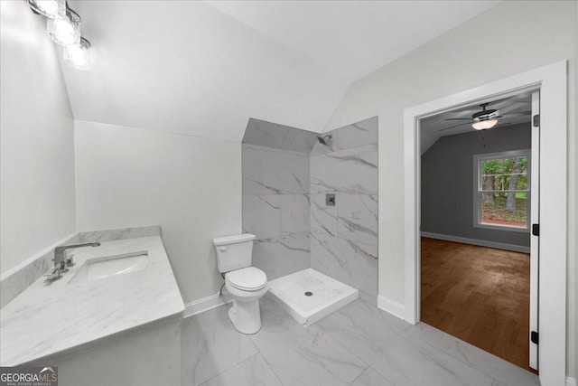 225 Laurel Place Dr, Cornelia, GA 30531 - bathroom with lofted ceiling, marble look tiles, a marble finish shower, toilet, and vanity