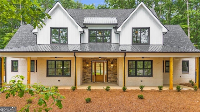 225 Laurel Place Dr, Cornelia, GA 30531 - modern farmhouse featuring ceiling fan, board and batten siding, brick siding, and roof with shingles