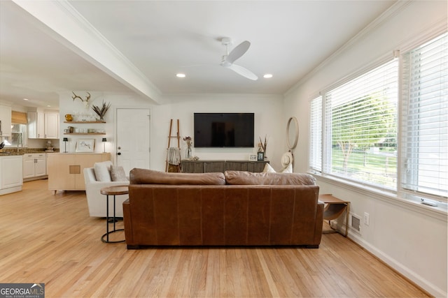 2164 Medfield Trl, Atlanta, GA 30345 - living area with light wood-style flooring, a ceiling fan, crown molding, baseboards, and recessed lighting