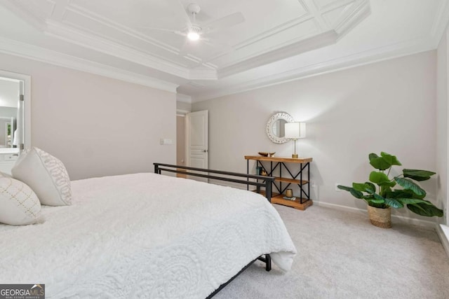550 Mae Ln, Alpharetta, GA 30004 - bedroom with a tray ceiling, crown molding, carpet floors, baseboards, and a ceiling fan