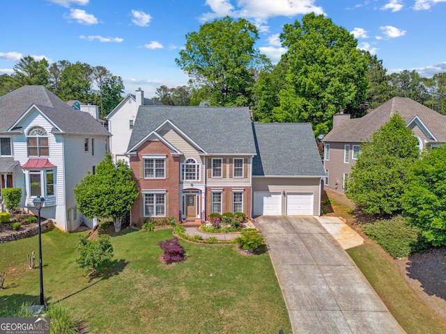 2325 Walnut Grove Way, Suwanee, GA 30024 - view of front of property with an attached garage, concrete driveway, brick siding, a front yard, and roof with shingles