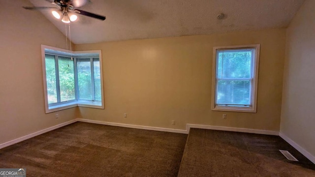 3246 Able Ct, Marietta, GA 30062 - spare room featuring ceiling fan, lofted ceiling, dark carpet, and a textured ceiling