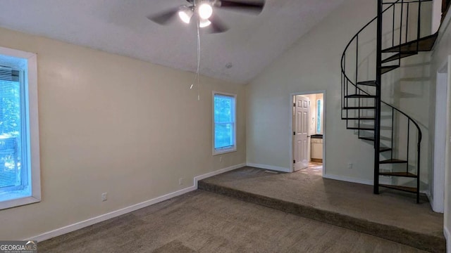 3246 Able Ct, Marietta, GA 30062 - carpeted spare room featuring stairs, ceiling fan, and high vaulted ceiling
