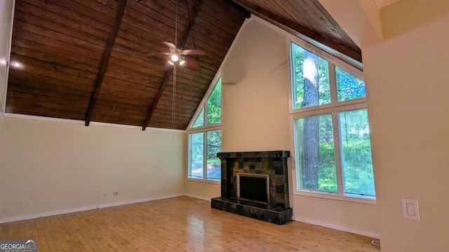 3246 Able Ct, Marietta, GA 30062 - unfurnished living room with high vaulted ceiling, a wood ceiling with exposed beams, wood finished floors, a stone fireplace, and a ceiling fan