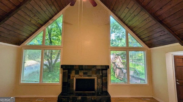 3246 Able Ct, Marietta, GA 30062 - living room with a wood ceiling with exposed beams, plenty of natural light, a fireplace with raised hearth, wood finished floors, and high vaulted ceiling