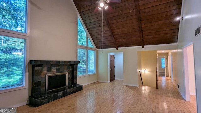 3246 Able Ct, Marietta, GA 30062 - unfurnished living room featuring high vaulted ceiling, a wooden ceiling with exposed beams, ceiling fan, wood-type flooring, and a tiled fireplace