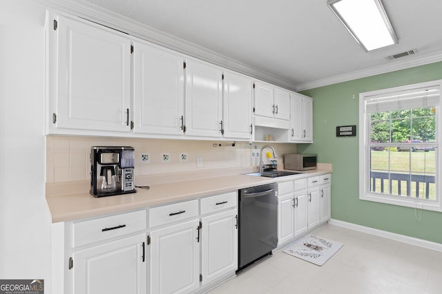 3005 Ryan Rd, Locust Grove, GA 30248 - kitchen featuring dishwasher, a sink, backsplash, white cabinetry, and ornamental molding