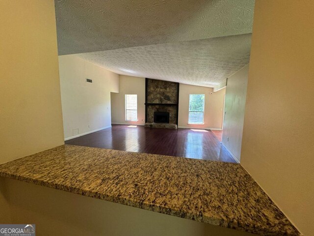 120 Squirrel Way, Atlanta, GA 30349 - unfurnished living room with a textured ceiling, wood finished floors, vaulted ceiling, and a fireplace