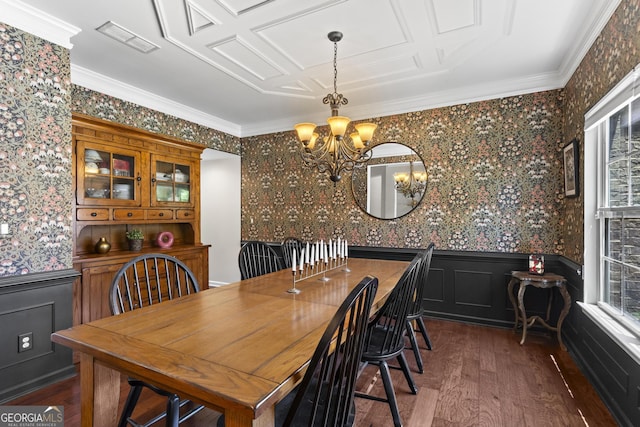 237 Parc Dr, Canton, GA 30114 - dining space featuring a chandelier, wallpapered walls, wood finished floors, wainscoting, and plenty of natural light