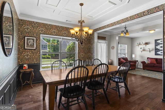 237 Parc Dr, Canton, GA 30114 - dining space with crown molding, a chandelier, dark wood-type flooring, wallpapered walls, and wainscoting