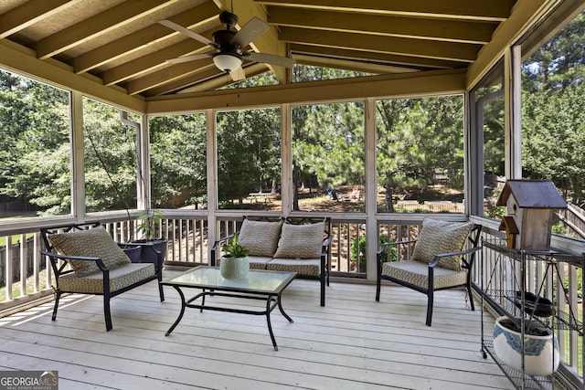 237 Parc Dr, Canton, GA 30114 - wooden deck featuring an outdoor hangout area, a ceiling fan, and view of wooded area