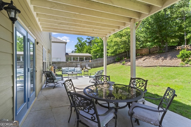 237 Parc Dr, Canton, GA 30114 - fenced backyard featuring outdoor lounge area, a patio, and outdoor dining space